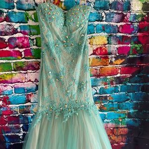 Mori Lee by Madeline Gardner Rhinestone Dress Aqua Tel Mermaid Full Length 6